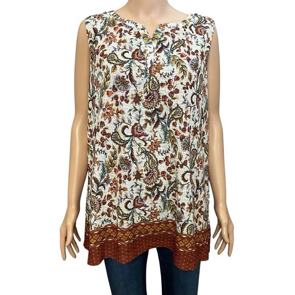 CJ Banks Fall Floral Tunic Tank Top Size 1X Slit Neck Casual Boho Stretchy - Picture 1 of 11